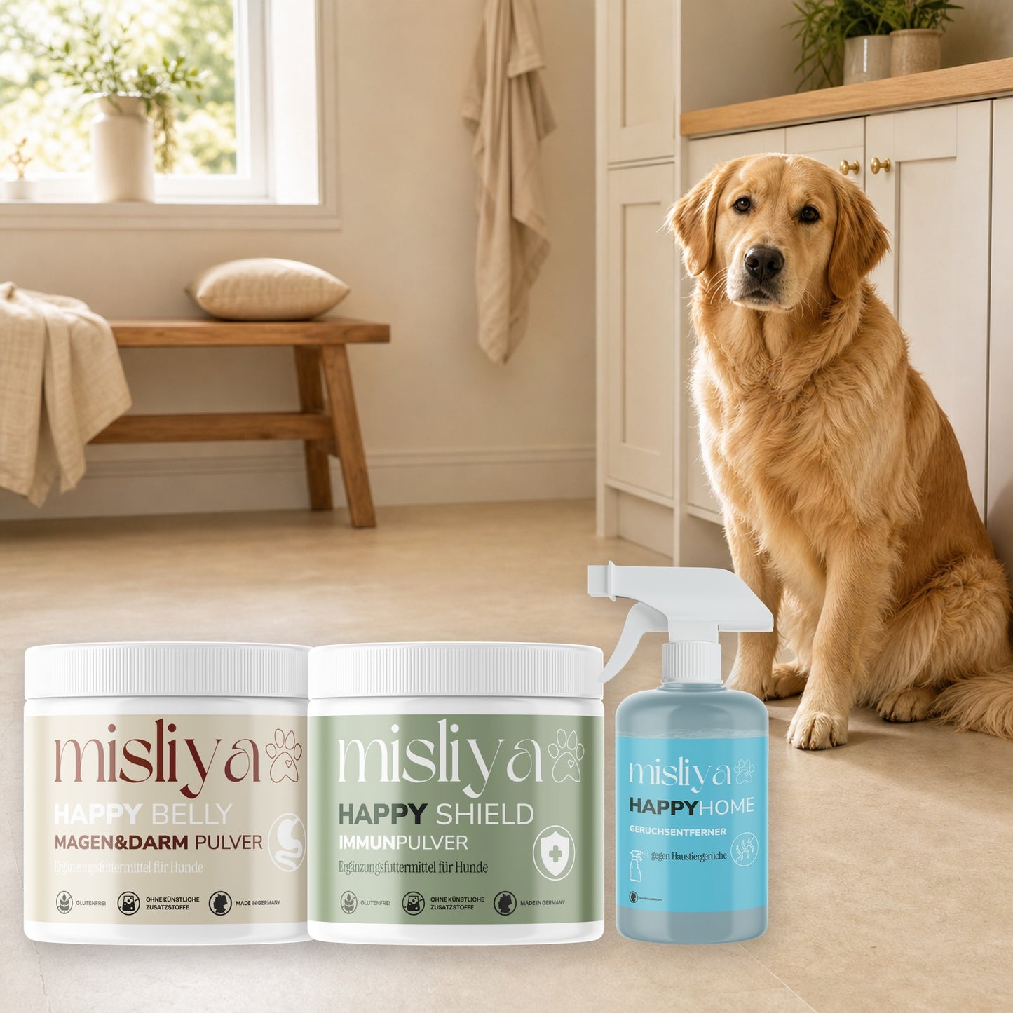 misliya Starter-Bundle mit drei Produkten in einer hellen Wohnszene mit Hund