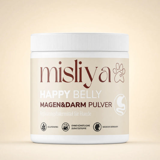 misliya Happy Belly Magen und Darm Pulver, Ergänzungsfuttermittel für Hunde, Dose Vorderansicht