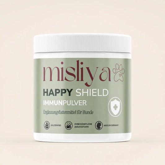 misliya Happy Shield Immunpulver, Ergänzungsfuttermittel für Hunde, Dose Vorderansicht