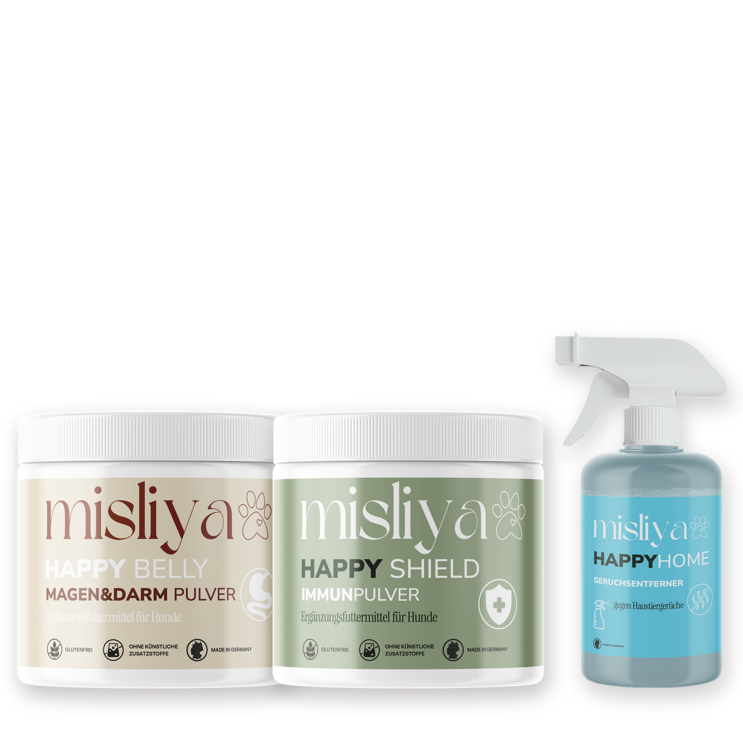 misliya Starter-Bundle mit Happy Belly, Happy Shield und Happy Home auf transparentem Hintergrund