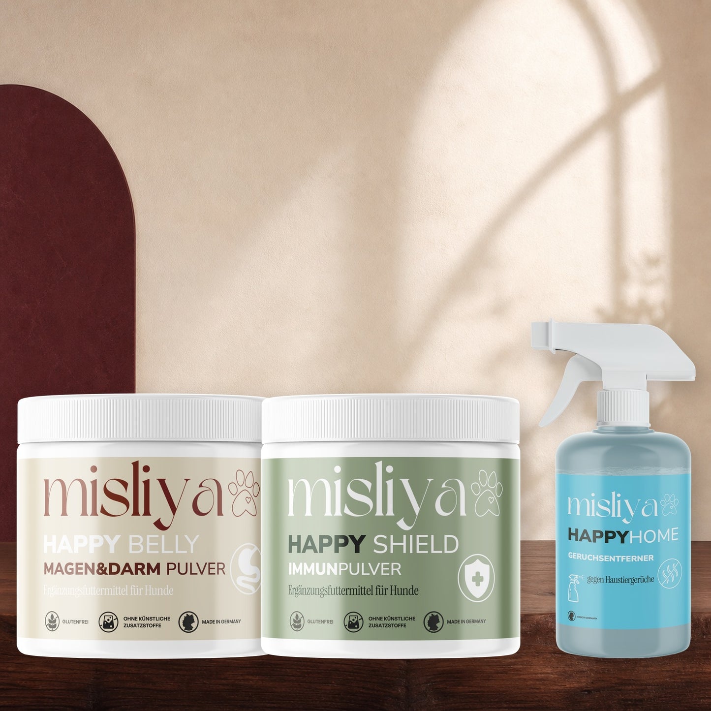 misliya Starter-Bundle mit Happy Belly, Happy Shield und Happy Home in warmer Studioaufnahme