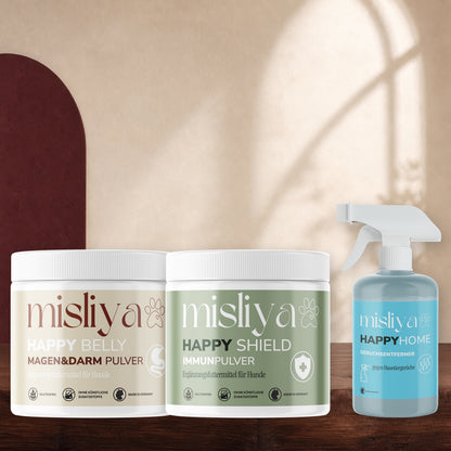 misliya Starter-Bundle mit Happy Belly, Happy Shield und Happy Home in warmer Studioaufnahme