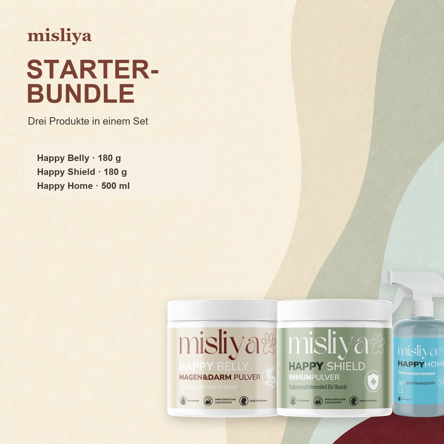 Inhalt des misliya Starter-Bundles: Happy Belly 180 g, Happy Shield 180 g und Happy Home 500 ml