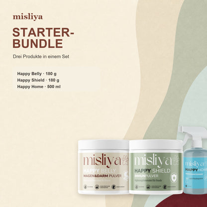 Inhalt des misliya Starter-Bundles: Happy Belly 180 g, Happy Shield 180 g und Happy Home 500 ml