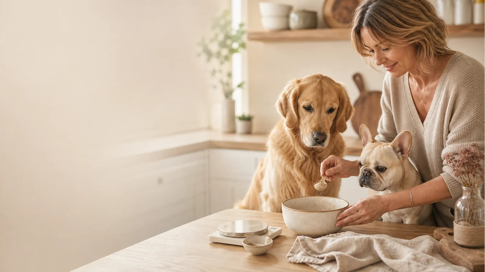 Eine Frau misst Pulver für den Futternapf ab, während zwei Hunde neben ihr warten