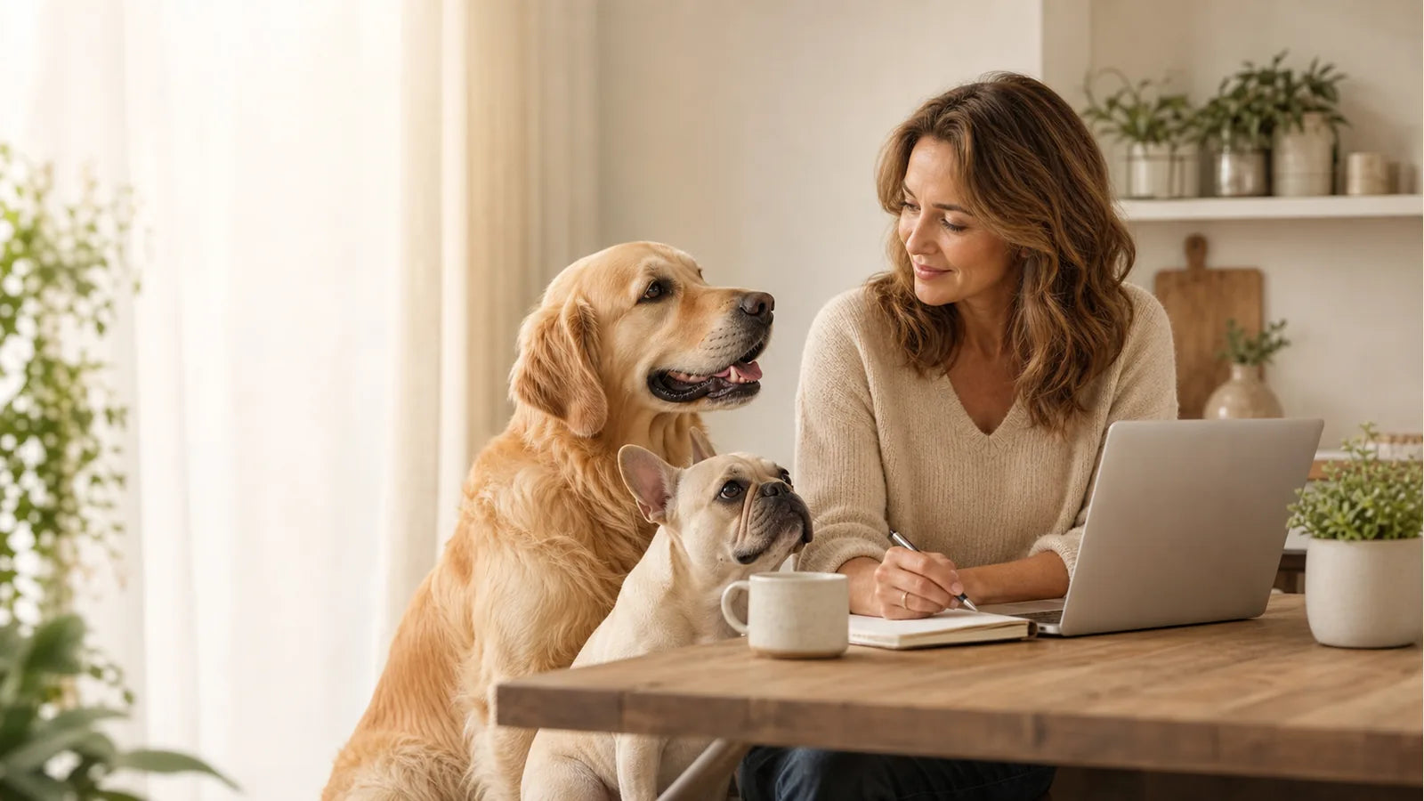Eine Frau recherchiert am Laptop, während zwei Hunde neben ihr sitzen