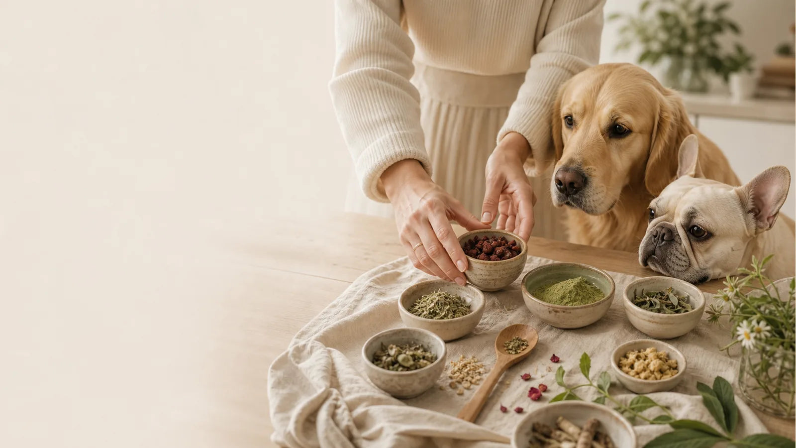 Mehrere Schalen mit Zutaten stehen vor zwei Hunden