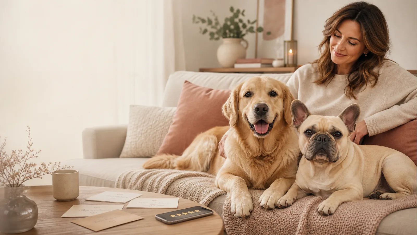 Eine Frau sitzt mit zwei Hunden neben einer Darstellung von Kundenbewertungen