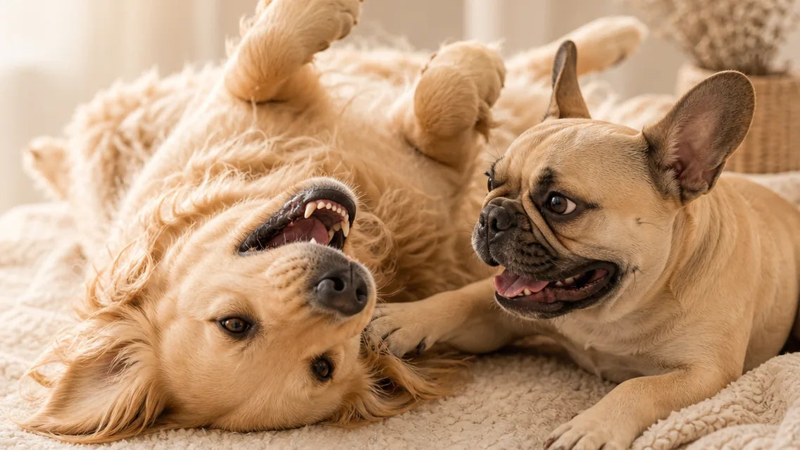 Zwei Hunde spielen gemeinsam auf einer hellen Fläche